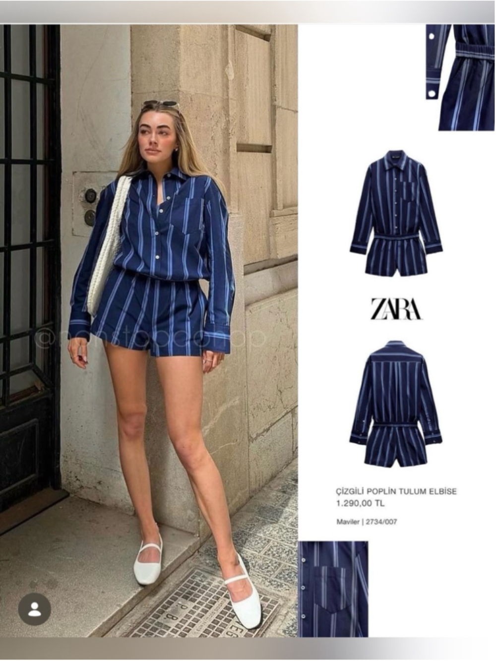 Zara Striped Shirt Romper | Navy Blue | Size L | Linen Blend | Long Sleeve - Picture 10 of 10